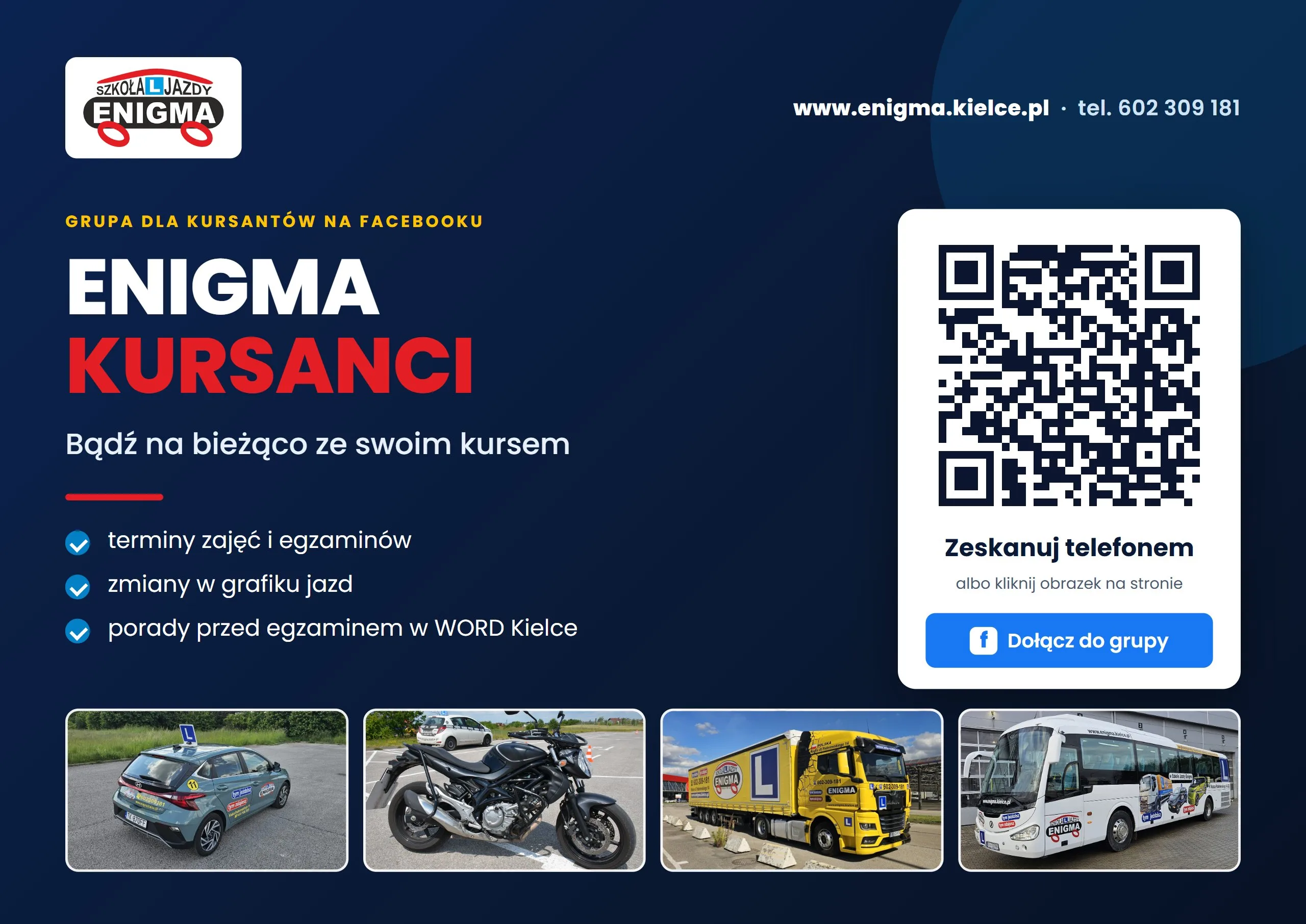 Grupa ENIGMA KURSANCI na Facebooku - kod QR, samochód osobowy, motocykl, ciągnik siodłowy i autobus szkoły jazdy